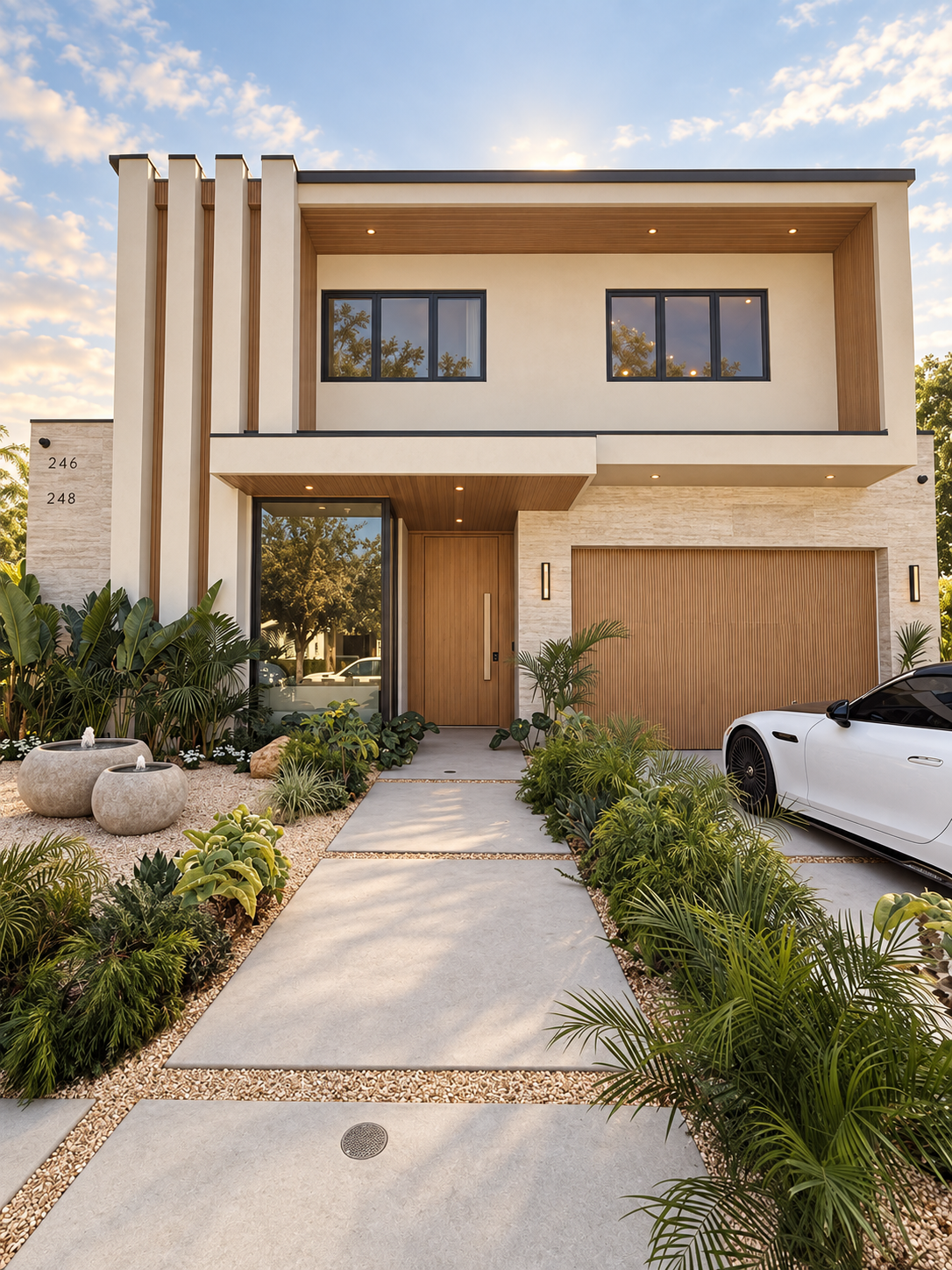 Warm modern DG Builders residence with tropical landscaping
